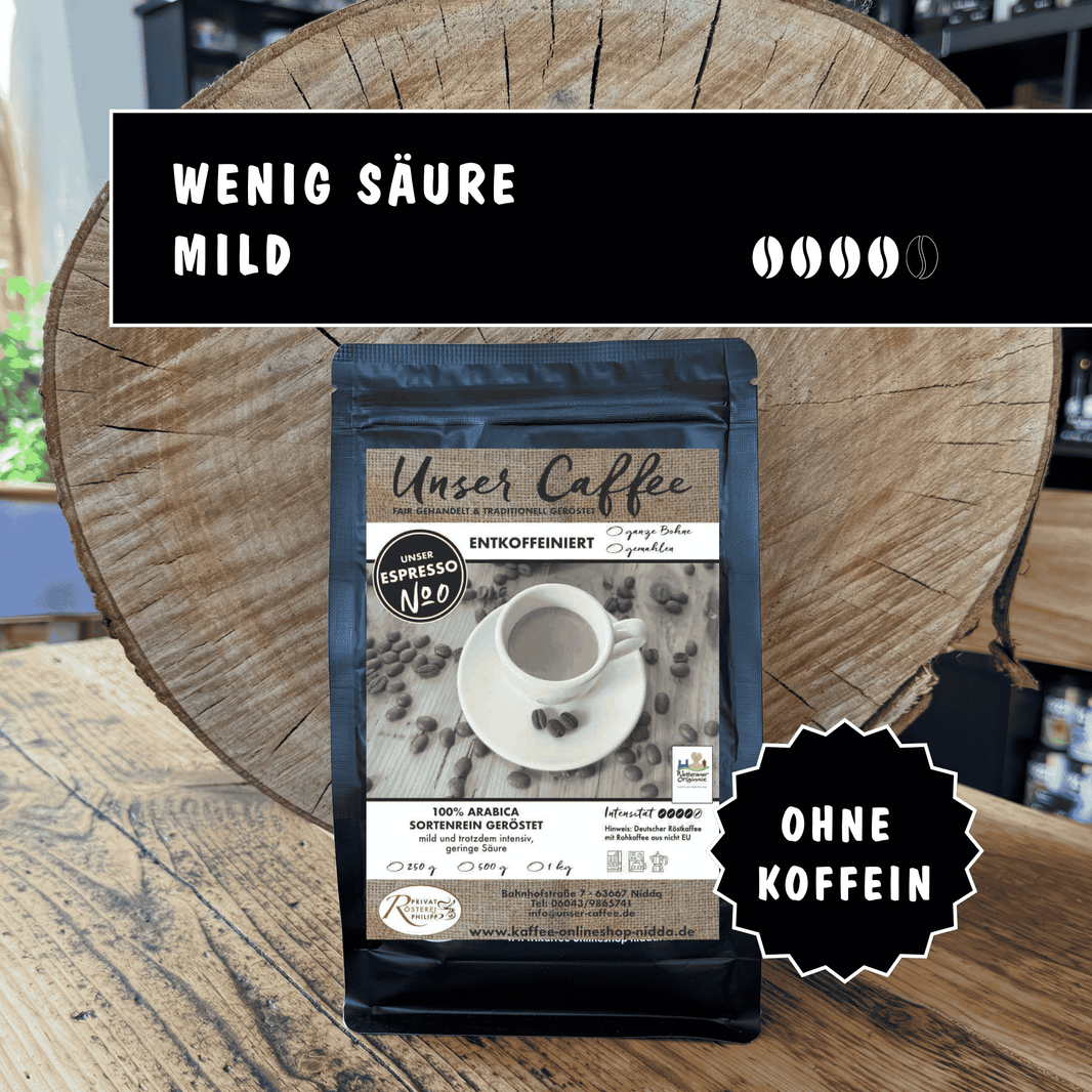 Espresso No0 · ENTKOFFEINIERT · 100% Arabica - Privatrösterei Philipp - Wenig Säure - Entkoffeinierter Arabica Kaffee Bohnen 250g, frisch geröstet, mild, wenig Säure, Handwerk Deutschland Rösterei.