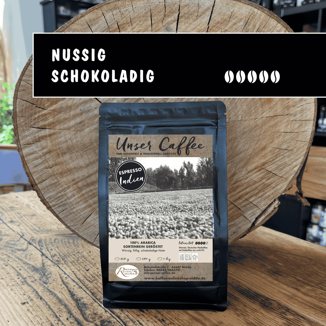 Espresso aus Indien · 100% Arabica - Privatrösterei Philipp - Schwarze Verpackung mit frisch gerösteten Arabica-Kaffeebohnen aus Indien, Rösterei Handwerk Deutschland, nussig.