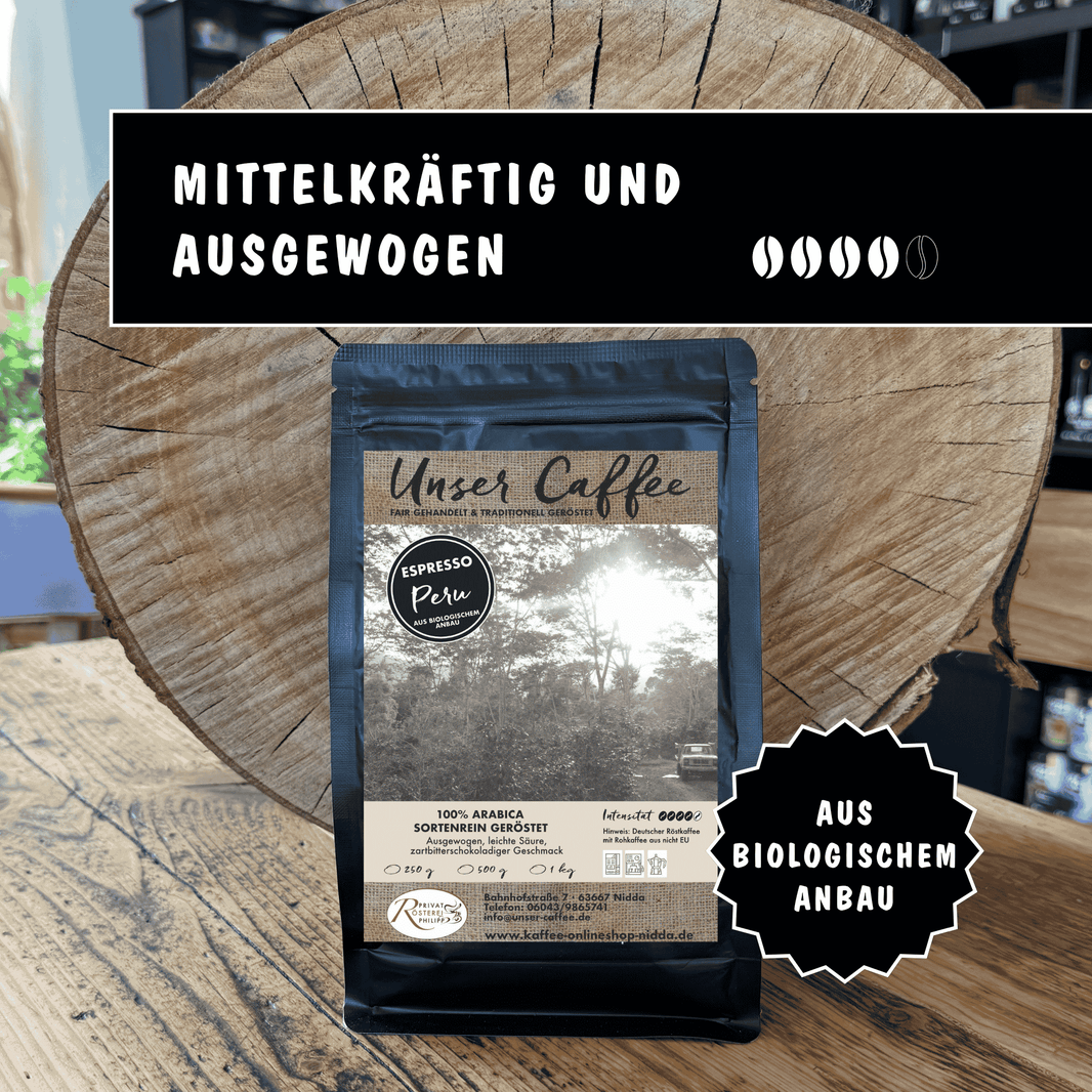 Espresso aus Peru aus Bioanbau · 100% Arabica - Privatrösterei Philipp - Schwarze Verpackung mit frisch geröstetem Arabica Kaffee aus Peru, handwerkliche Rösterei, Deutschland, 250 g.