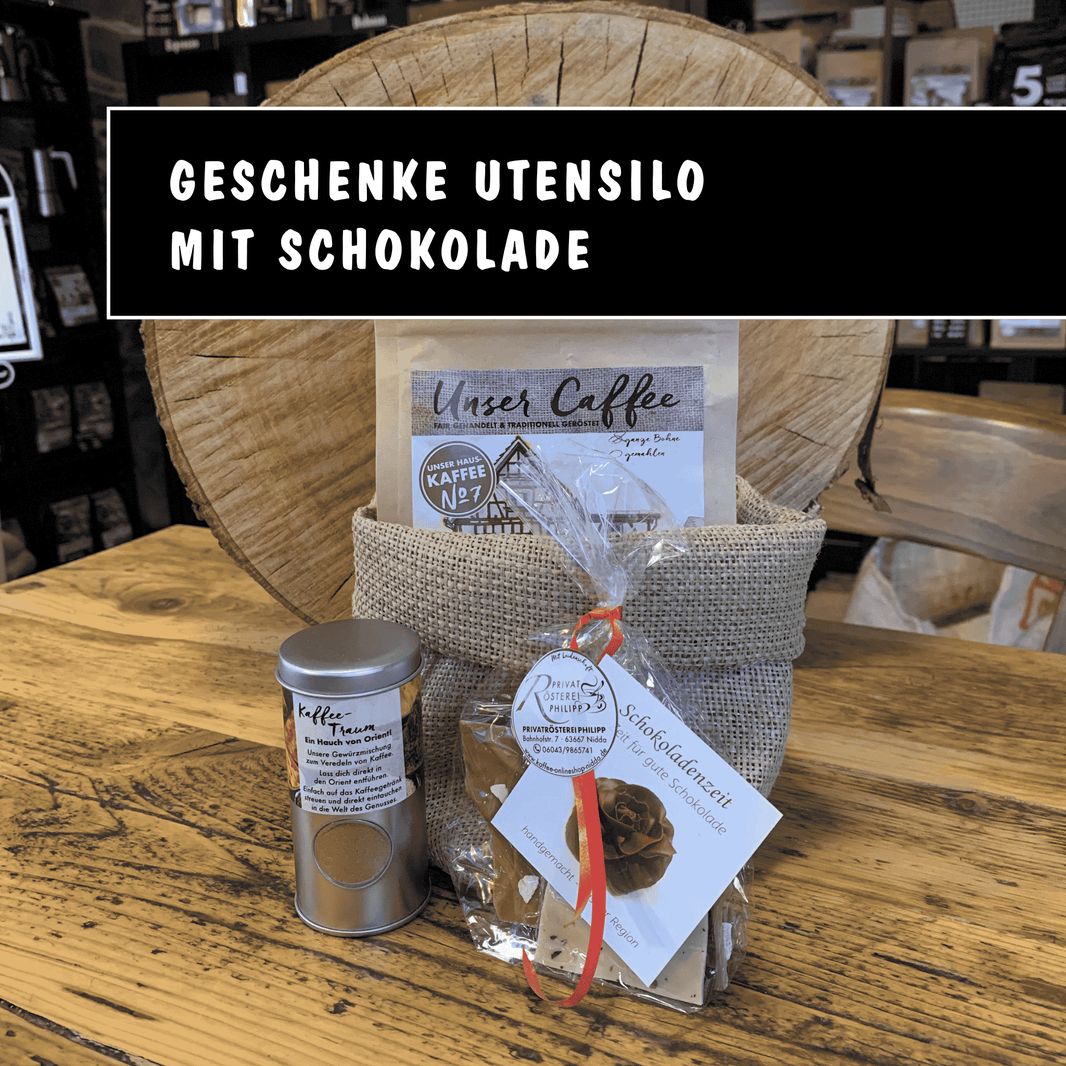 Genussvolles Geschenk-Set mit Schokolade - Privatrösterei Philipp - Bohnen - Geschenk - Geschenkset mit Kaffeebohnen, Schokolade und Jutetasche, handwerkliche Rösterei aus Deutschland.