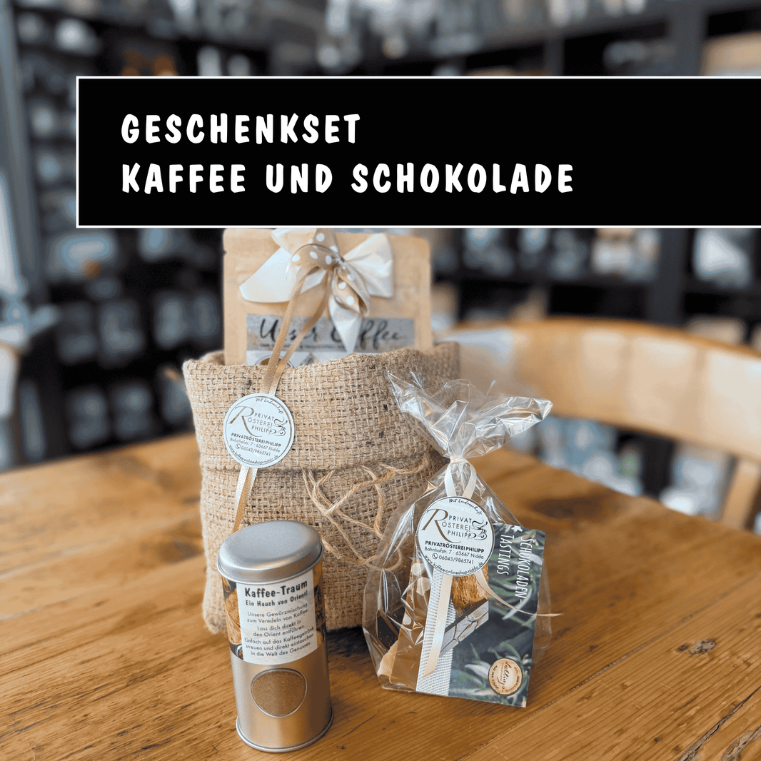 Genussvolles Geschenk-Set mit Schokolade - Privatrösterei Philipp - Bohnen - Geschenk - Geschenkset mit Kaffeebohnen, Schokolade und Jutetasche, handwerkliche Rösterei aus Deutschland.