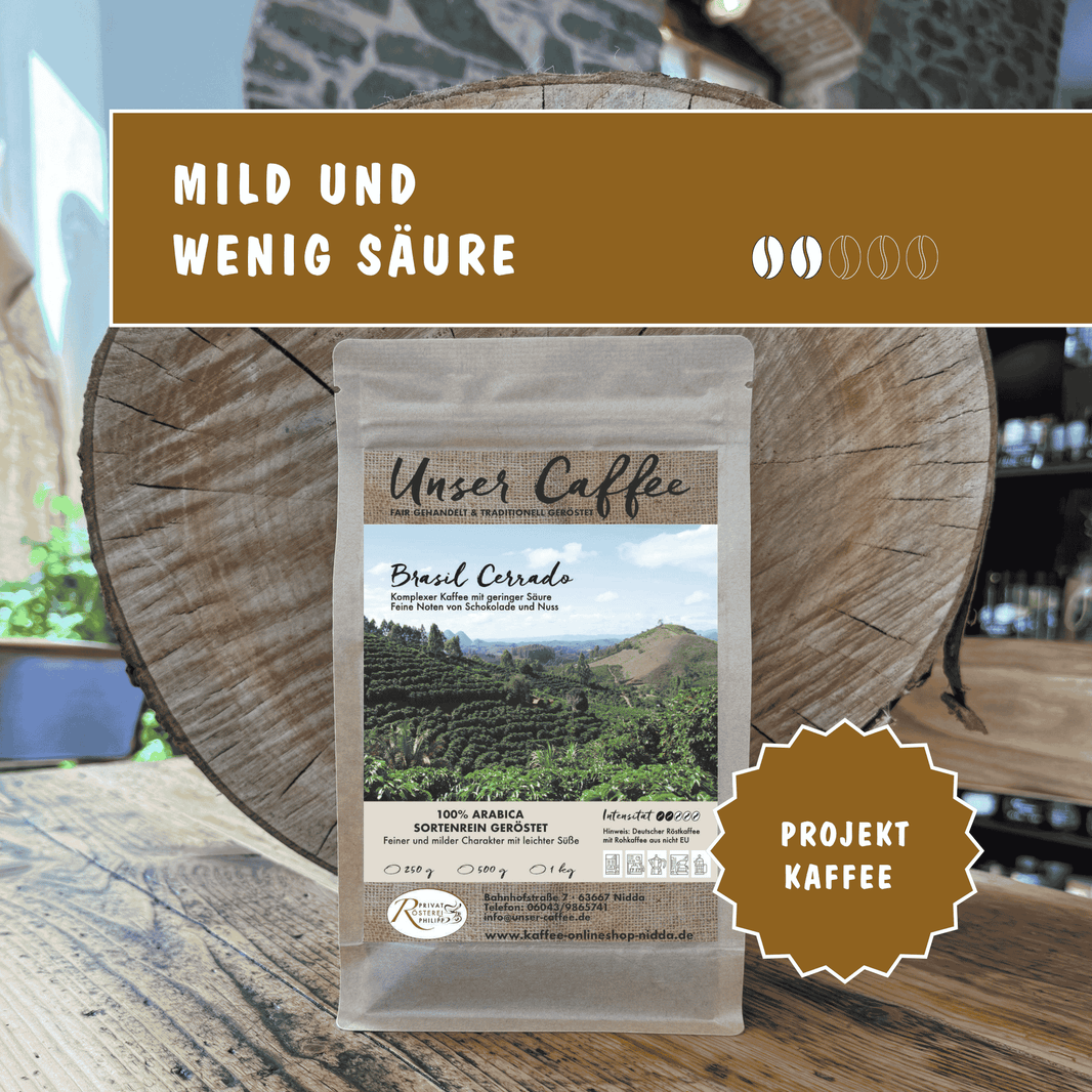 Kaffee aus Brasilien Cerrado – vollmundig und ausgewogen.
Gebaut auf vulkanischer Erde im milden Klima. 100 % Arabica-Sortenrein.