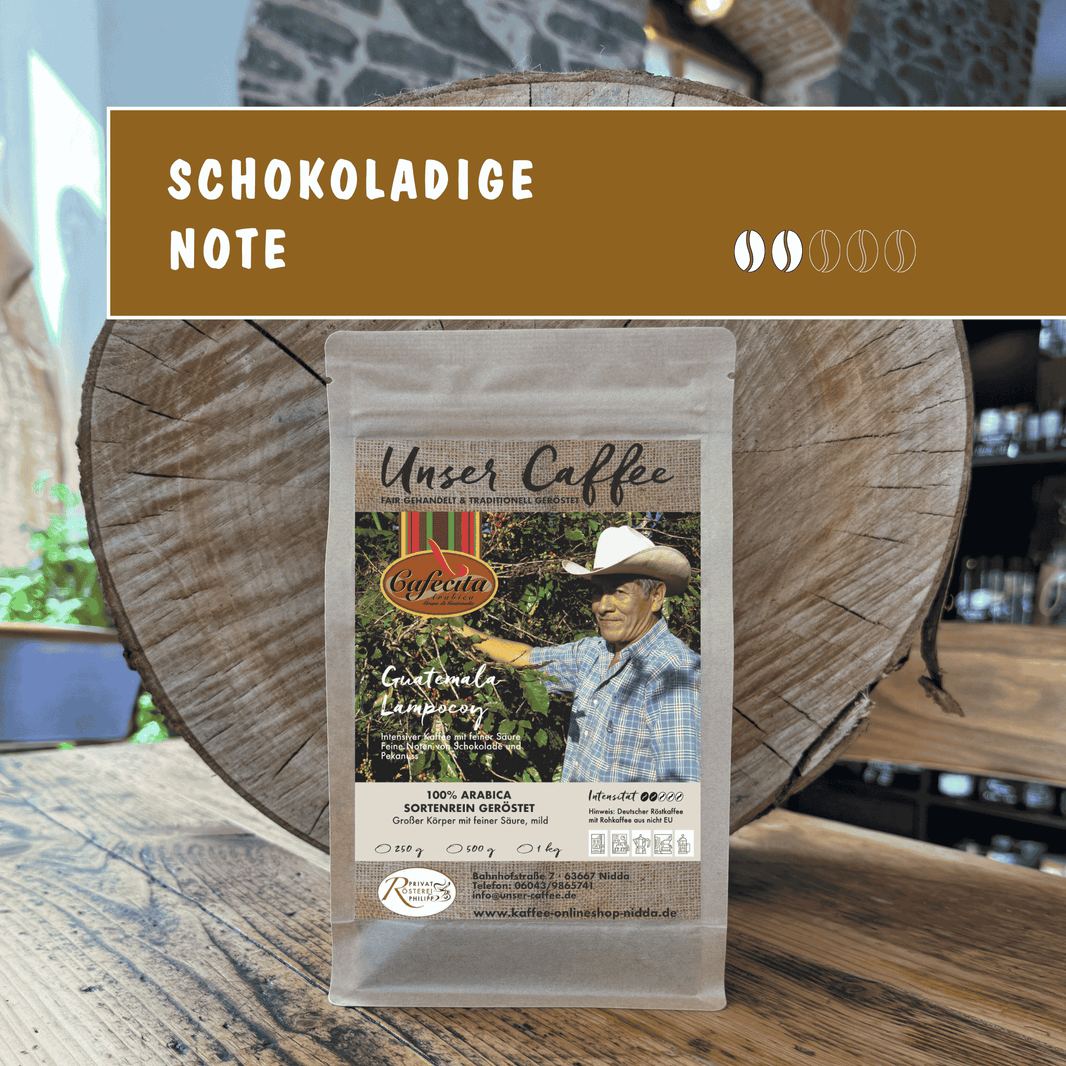 Kaffee aus Guatemala Lampocoy – Spezialitätenkaffee mit ausgewogenem Geschmack.
Schokoladig mit Pekannuss-Note. 100% Arabica sortenrein.