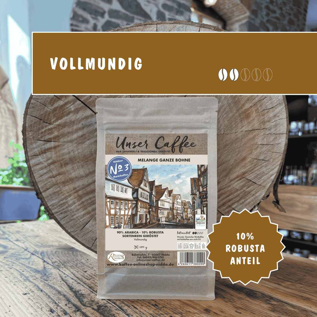 Kaffee No3 Melange mit charakteristischem Walnussgeschmack.
90 % Arabica, 10 % Robusta für schöne Crema und cremige Textur.