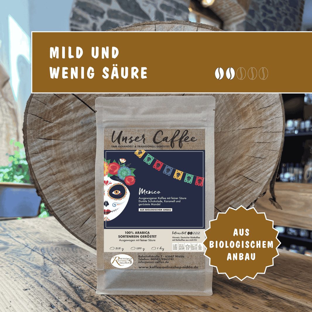 Kaffee aus Mexico Bioanbau. Ausgewogen mit feiner Säure, dunkler Schokolade, Karamell und gerösteten Mandeln. 100 % Arabica-Sortenrein.
