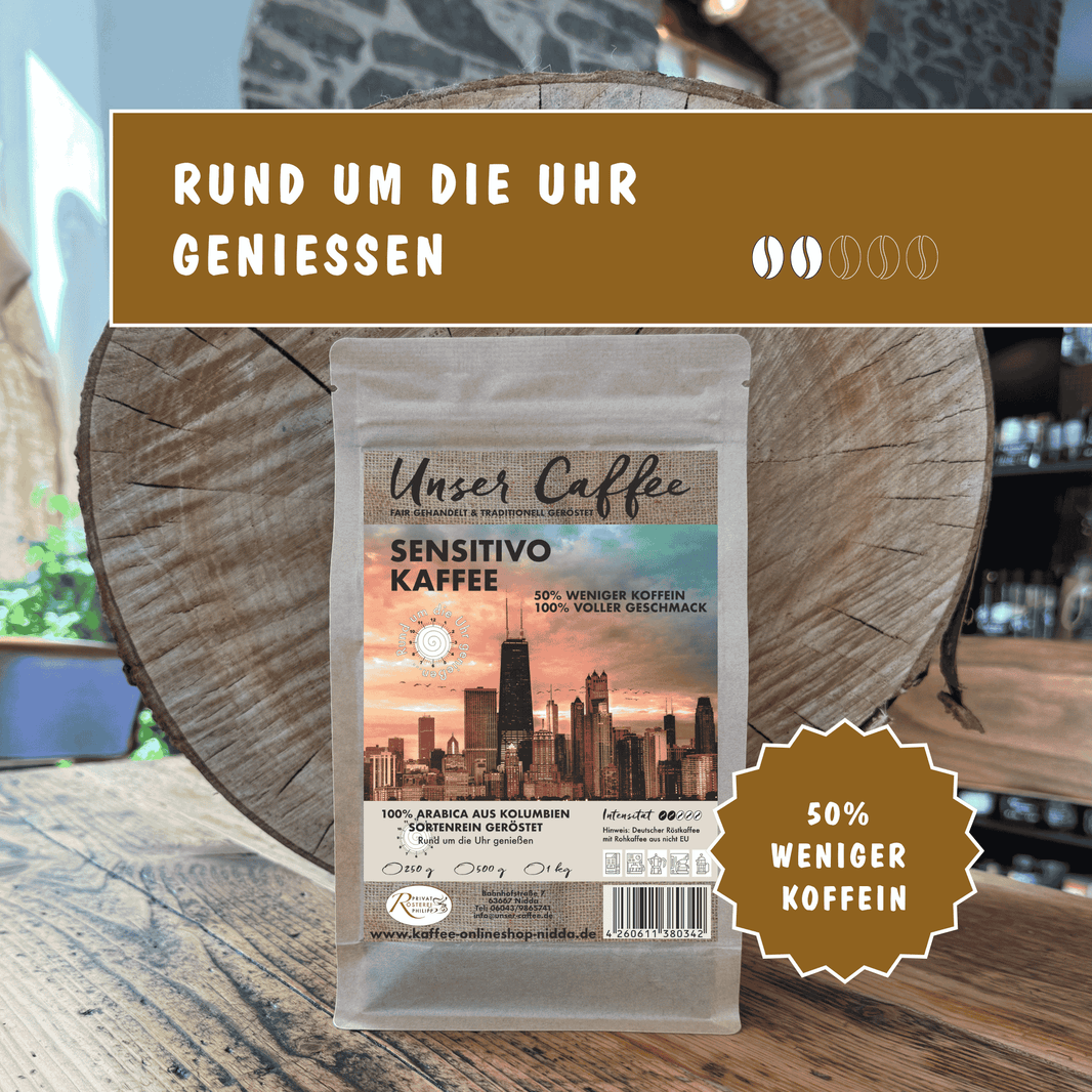 Kaffee aus Kolumbien halb entkoffeiniert – der delikateste entkoffeinierte Kaffee. Blumig, würzig, nussig und schokoladig. 100% Arabica sortenrein.