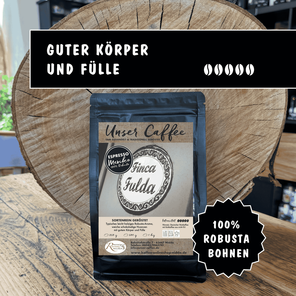 Espresso aus Mexiko "Finca Fulda" · 100% Robusta - Privatrösterei Philipp - Schwarze Kaffeetüte Finca Fulda mit robusten frisch gerösteten Bohnen, Handwerk aus Deutschland.