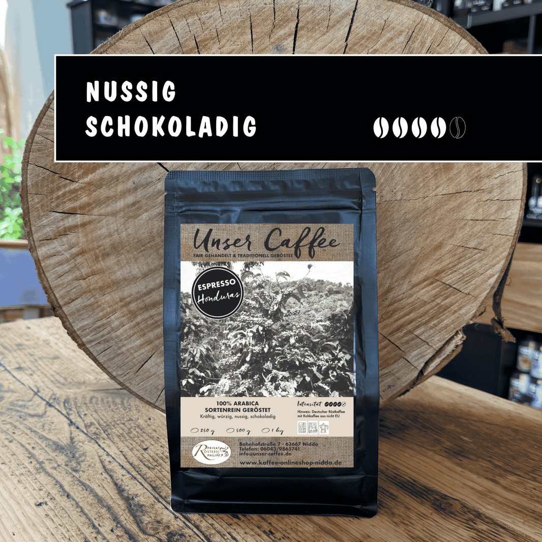 Espresso aus Honduras · 100% Arabica - Privatrösterei Philipp - Schwarze Kaffeebohnenpackung Espresso Honduras mit frisch gerösteten 100% Arabica Bohnen, Rösterei Deutschland.