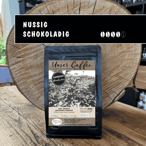 Espresso aus Honduras · 100% Arabica - Privatrösterei Philipp - Schwarze Kaffeebohnenpackung Espresso Honduras mit frisch gerösteten 100% Arabica Bohnen, Rösterei Deutschland.