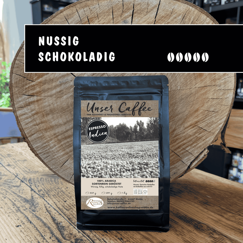 Espresso aus Indien · 100% Arabica - Privatrösterei Philipp - Schwarze Verpackung mit frisch gerösteten Arabica-Kaffeebohnen aus Indien, Rösterei Handwerk Deutschland, nussig.