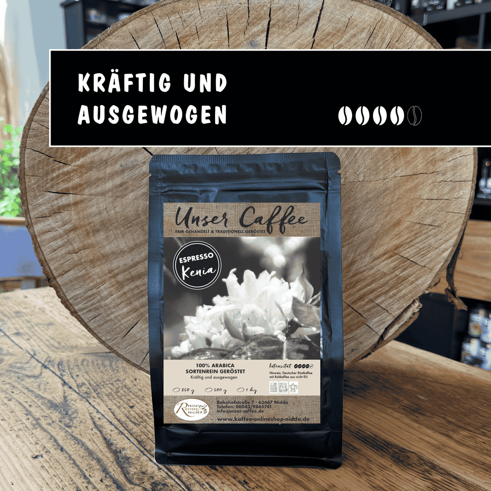 Espresso aus Kenia · 100% Arabica - Privatrösterei Philipp - Kaffeebohnenpackung Espresso Kenia 100% Arabica frisch geröstet aus deutscher Rösterei.
