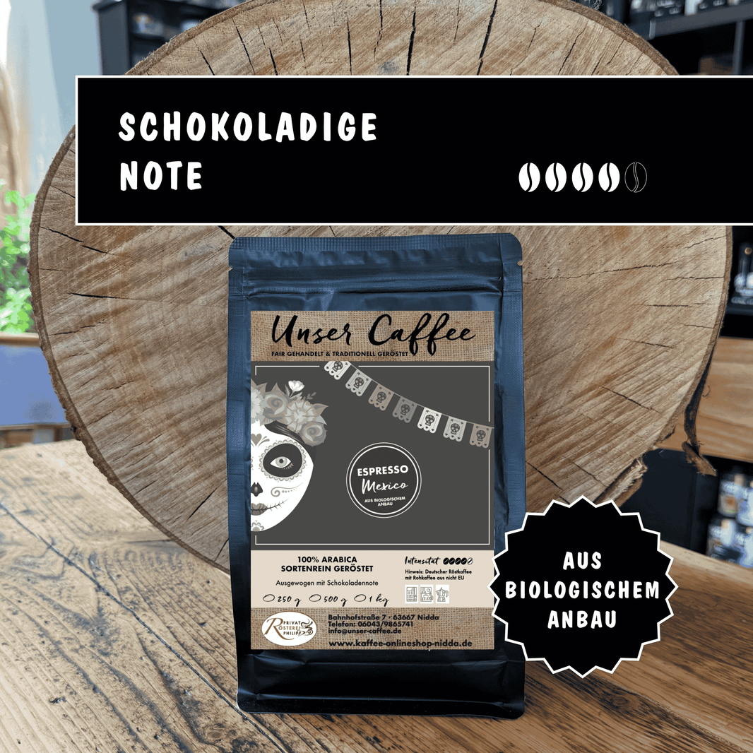 Espresso aus Mexico  aus Bioanbau · 100% Arabica - Privatrösterei Philipp - Schwarze Verpackung mit frisch gerösteten Arabica-Kaffeebohnen aus Mexico, handwerkliche Rösterei in Deutschland,.