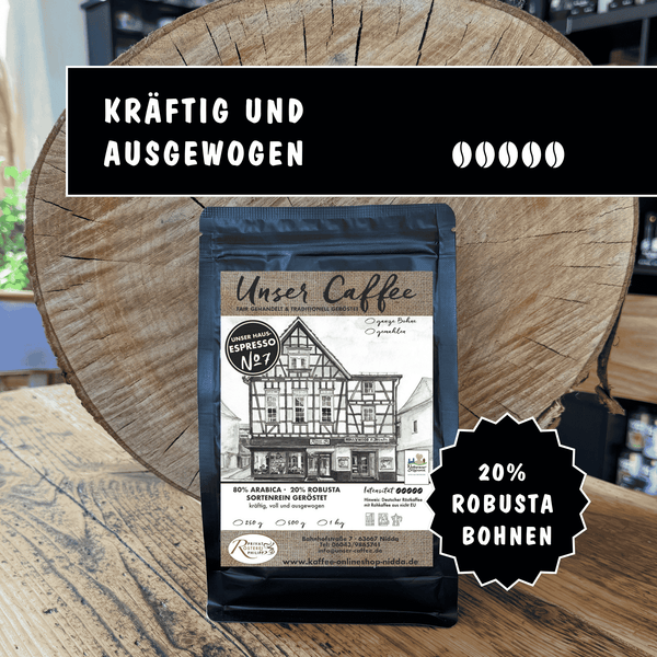 Espresso No7 Blend · 80% Arabica · 20% Robusta - Privatrösterei Philipp - Schwarze Kaffeetüte mit handwerklichem Rösterei-Design, frisch geröstete Arabica- und Robusta-Bohnen.