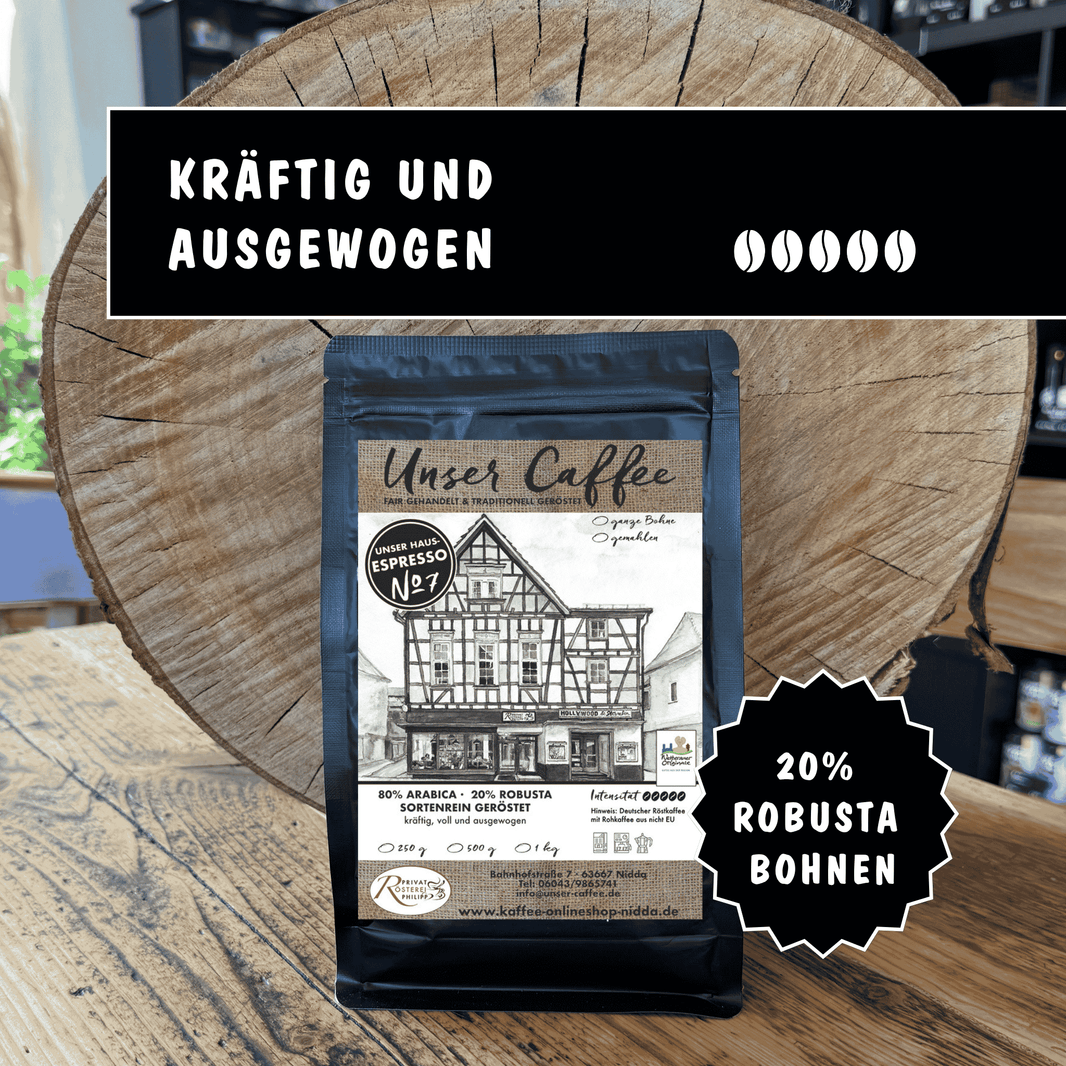Espresso No7 Blend · 80% Arabica · 20% Robusta - Privatrösterei Philipp - Schwarze Kaffeetüte mit handwerklichem Rösterei-Design, frisch geröstete Arabica- und Robusta-Bohnen.