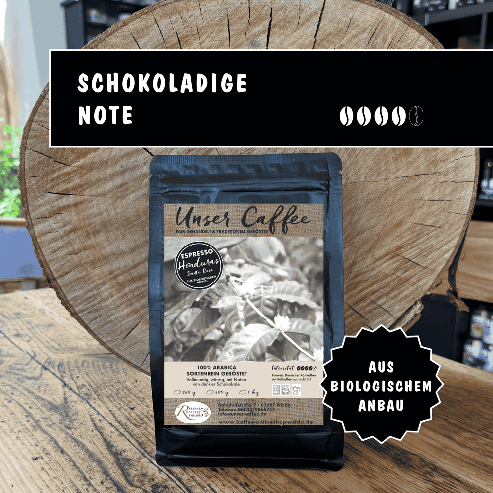 Espresso aus Honduras  "Santa Rosa" aus Bioanbau · 100% Arabica - Privatrösterei Philipp - Schwarze Verpackung mit frisch gerösteten Arabica Kaffee-Bohnen aus Honduras, handwerkliche Rösterei, schokoladige Note,.