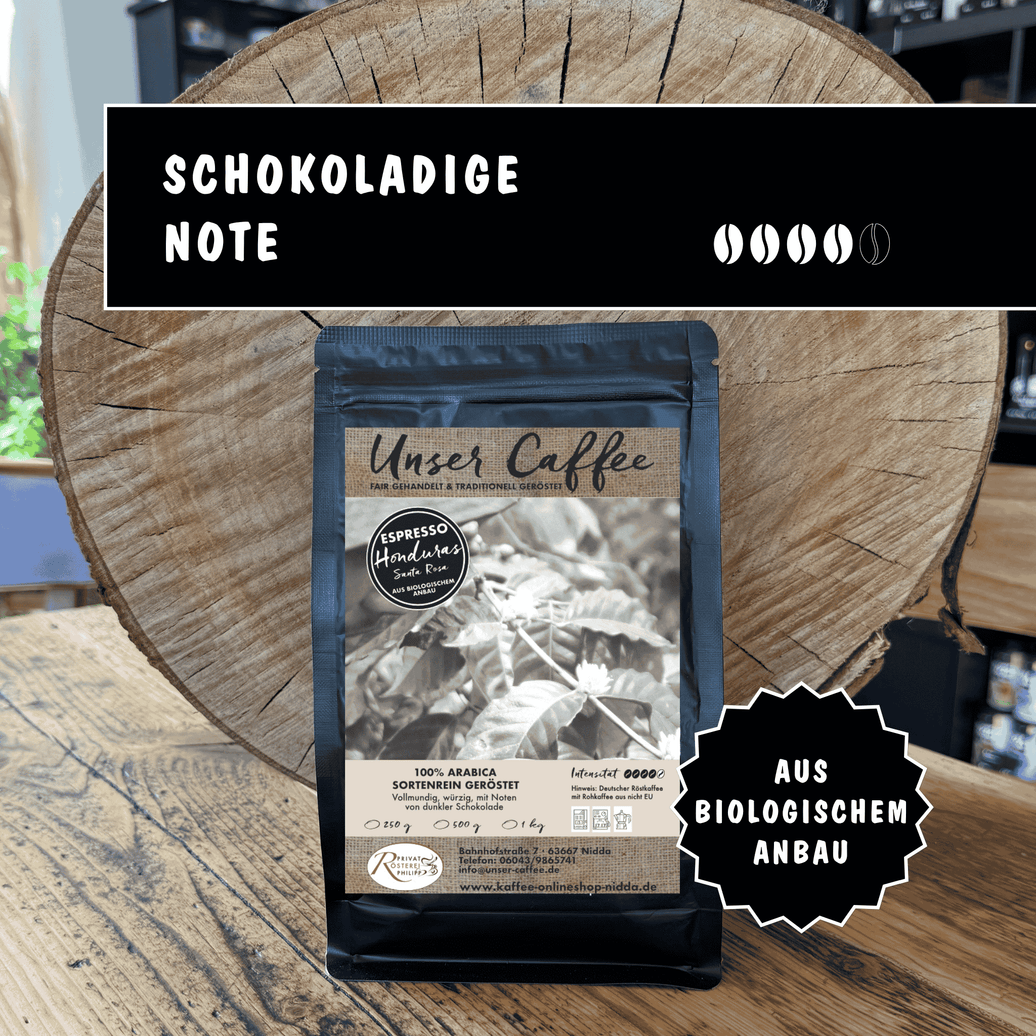 Espresso aus Honduras  "Santa Rosa" aus Bioanbau · 100% Arabica - Privatrösterei Philipp - Schwarze Verpackung mit frisch gerösteten Arabica Kaffee-Bohnen aus Honduras, handwerkliche Rösterei, schokoladige Note,.