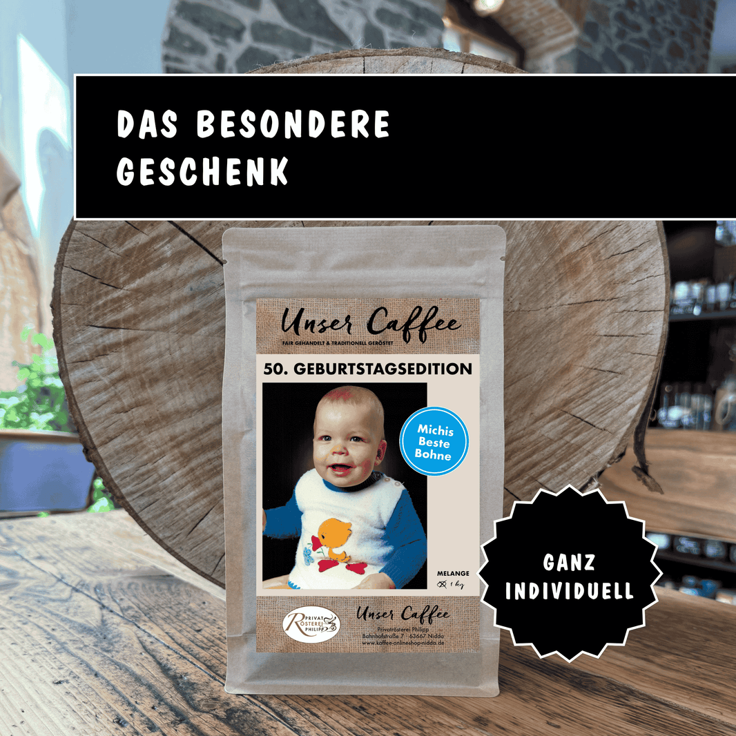 image Etikett "Das besondere Geschenk" - Privatrösterei Philipp - individuelles  Etikett „Das besondere Geschenk“ auf Kaffeeverpackung, handwerkliche Rösterei, Deutschland, Online-Geschenk.