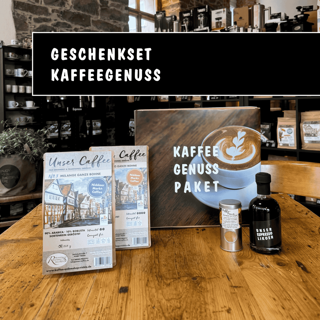 Kaffeegenuss Geschenkset - Privatrösterei Philipp - Bohnen / Bohnen - Kaffeegenuss Geschenkset mit handwerklich gerösteten Kaffeebohnen, Likör und Gewürz.