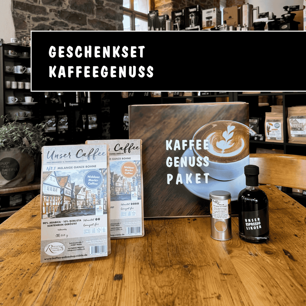 Kaffeegenuss Geschenkset - Privatrösterei Philipp - Bohnen / Bohnen - Kaffeegenuss Geschenkset mit handwerklich gerösteten Kaffeebohnen, Likör und Gewürz.