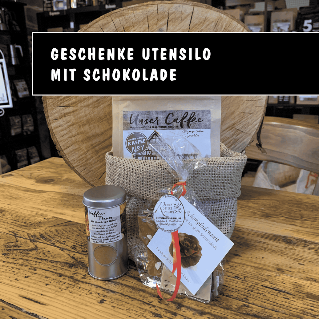 Genussvolles Geschenk-Set mit Schokolade - Privatrösterei Philipp - Bohnen - Geschenk - Geschenkset mit Kaffeebohnen, Schokolade und Jutetasche, handwerkliche Rösterei aus Deutschland.