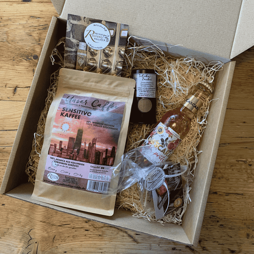 Kaffee-Geschenkset Beautiful Moments der Privatrösterei Philipp mit Kaffee und ausgewählten Spezialitäten in offener Geschenkbox