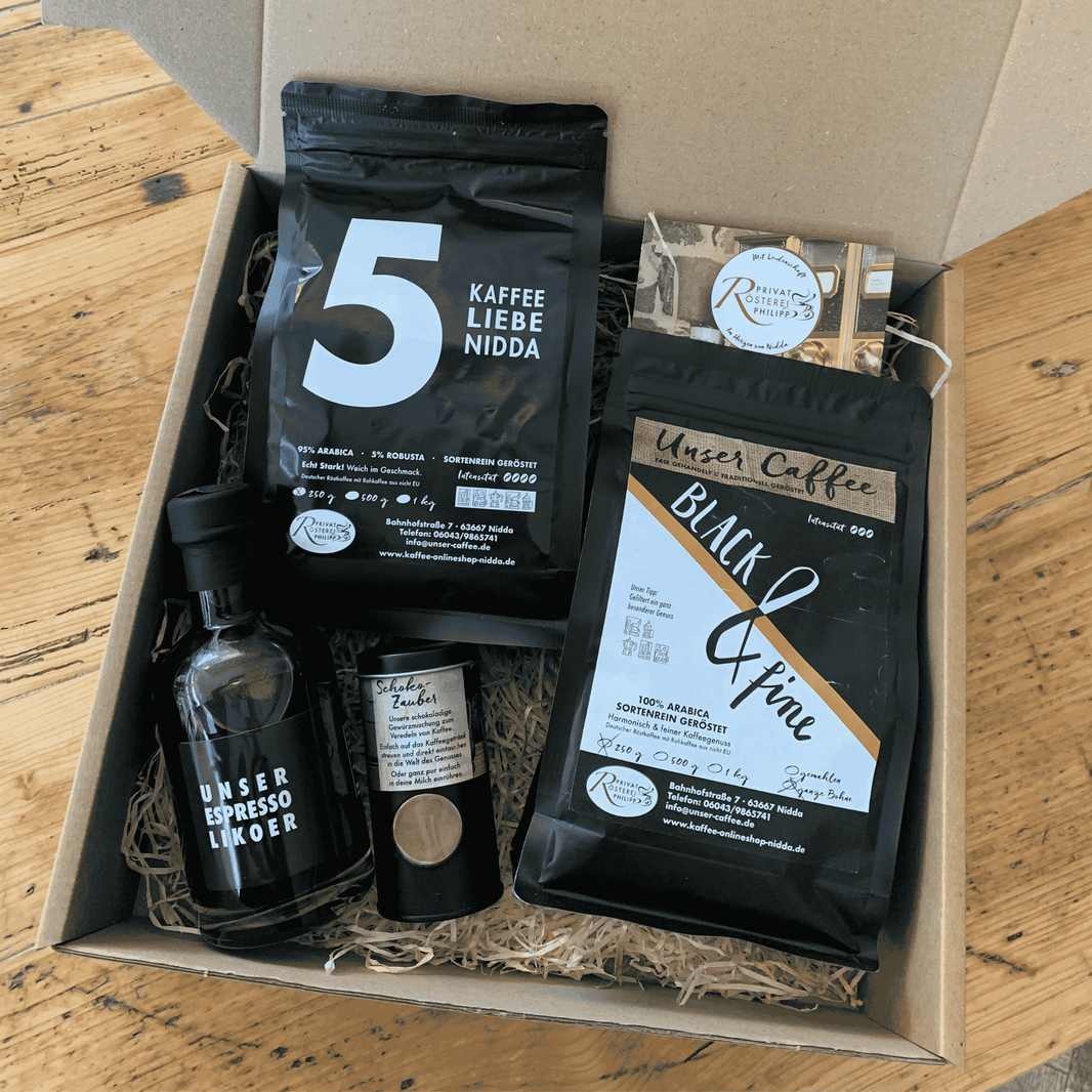 image Kaffee-Geschenkset Black Moments der Privatrösterei Philipp mit Kaffees, Likör und Schokozauber Gewürz in offener Geschenkbox