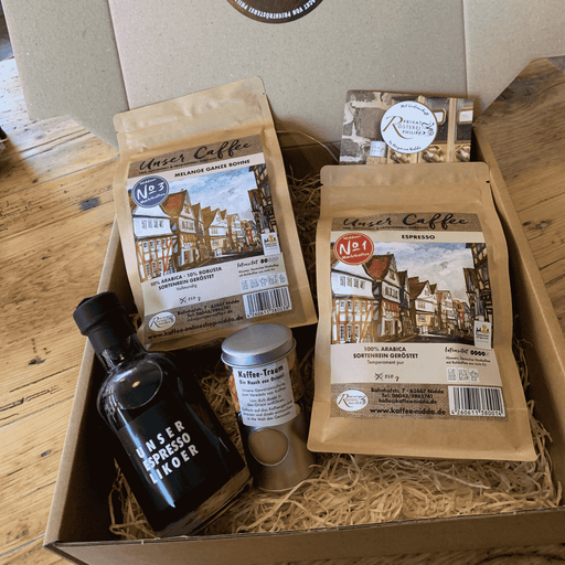 Kaffee-Geschenkset Kaffee & Espresso der Privatrösterei Philipp mit Kaffee und Espresso, Likör und Kaffeegewürz in offener Geschenkbox