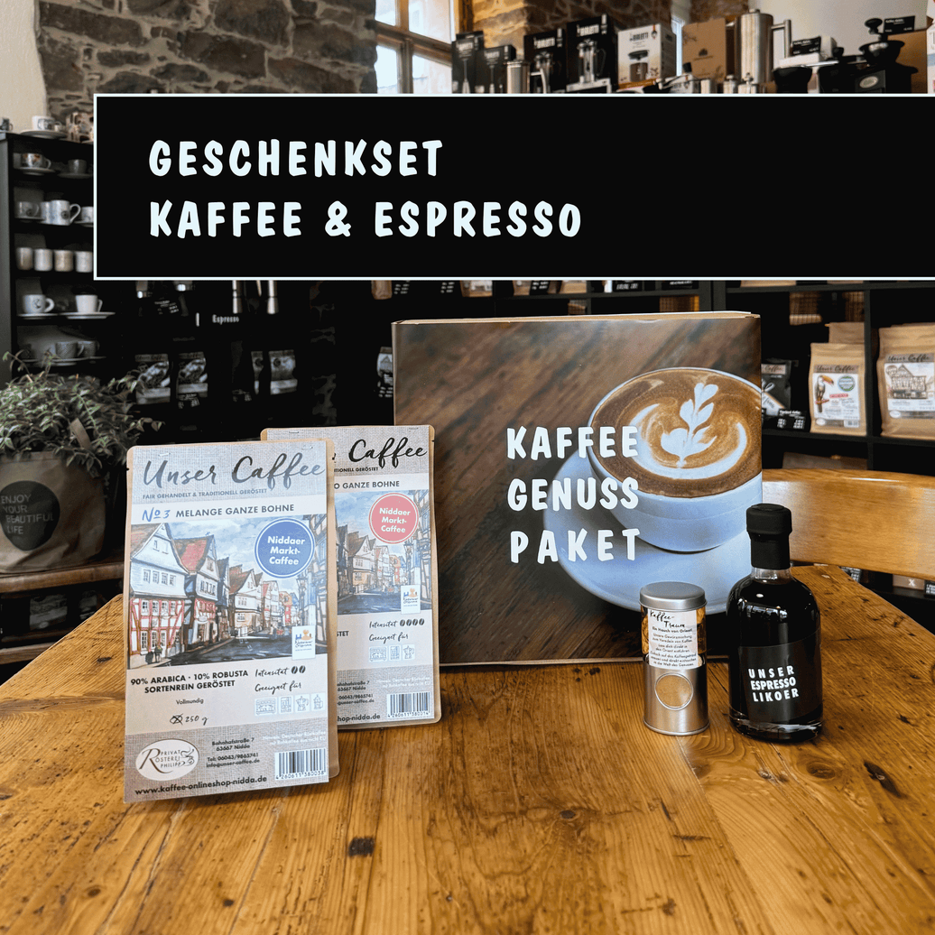Kaffeegenuss Geschenkset - Privatrösterei Philipp - Bohnen / Bohnen - Kaffeegenuss Geschenkset mit handwerklich gerösteten Kaffeebohnen, Likör und Gewürz.