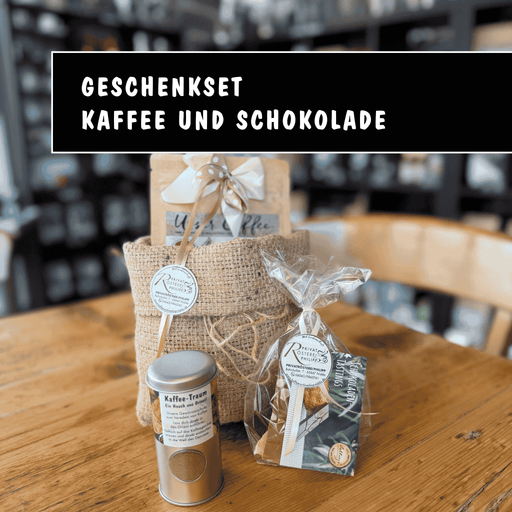 Genussvolles Geschenk-Set mit Schokolade - Privatrösterei Philipp - Bohnen - Geschenk - Geschenkset mit Kaffeebohnen, Schokolade und Jutetasche, handwerkliche Rösterei aus Deutschland.