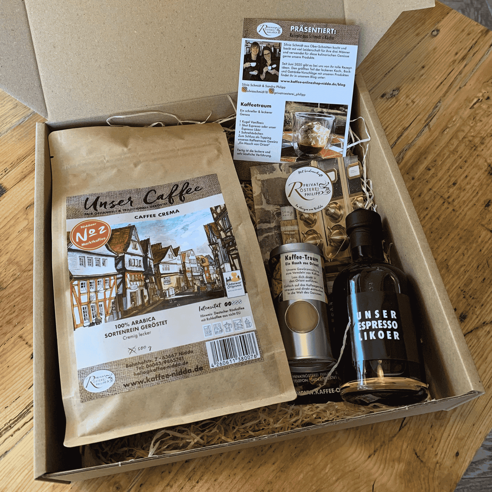 Kaffee-Geschenkset Kaffeegenuss der Privatrösterei Philipp mit Kaffee, Likör und Kaffeetraum mit Rezept in offener Geschenkbox