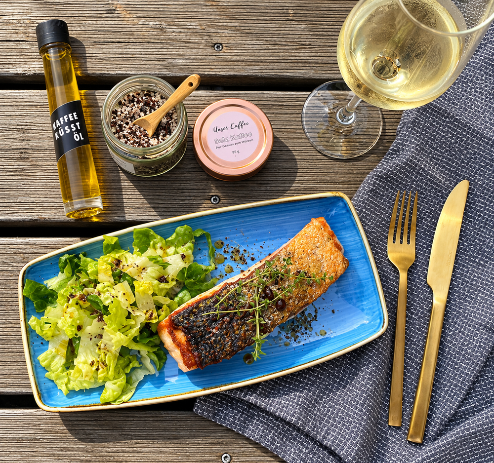 Kaffee Öl zu gebratenem Lachs mit Salat, Feinkost aus der Privatrösterei Philipp Nidda.