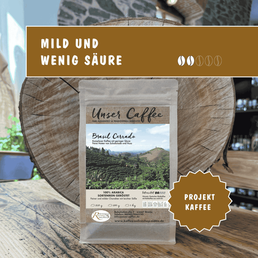 Kaffee aus Brasilien Cerrado – vollmundig und ausgewogen.
Gebaut auf vulkanischer Erde im milden Klima. 100 % Arabica-Sortenrein.