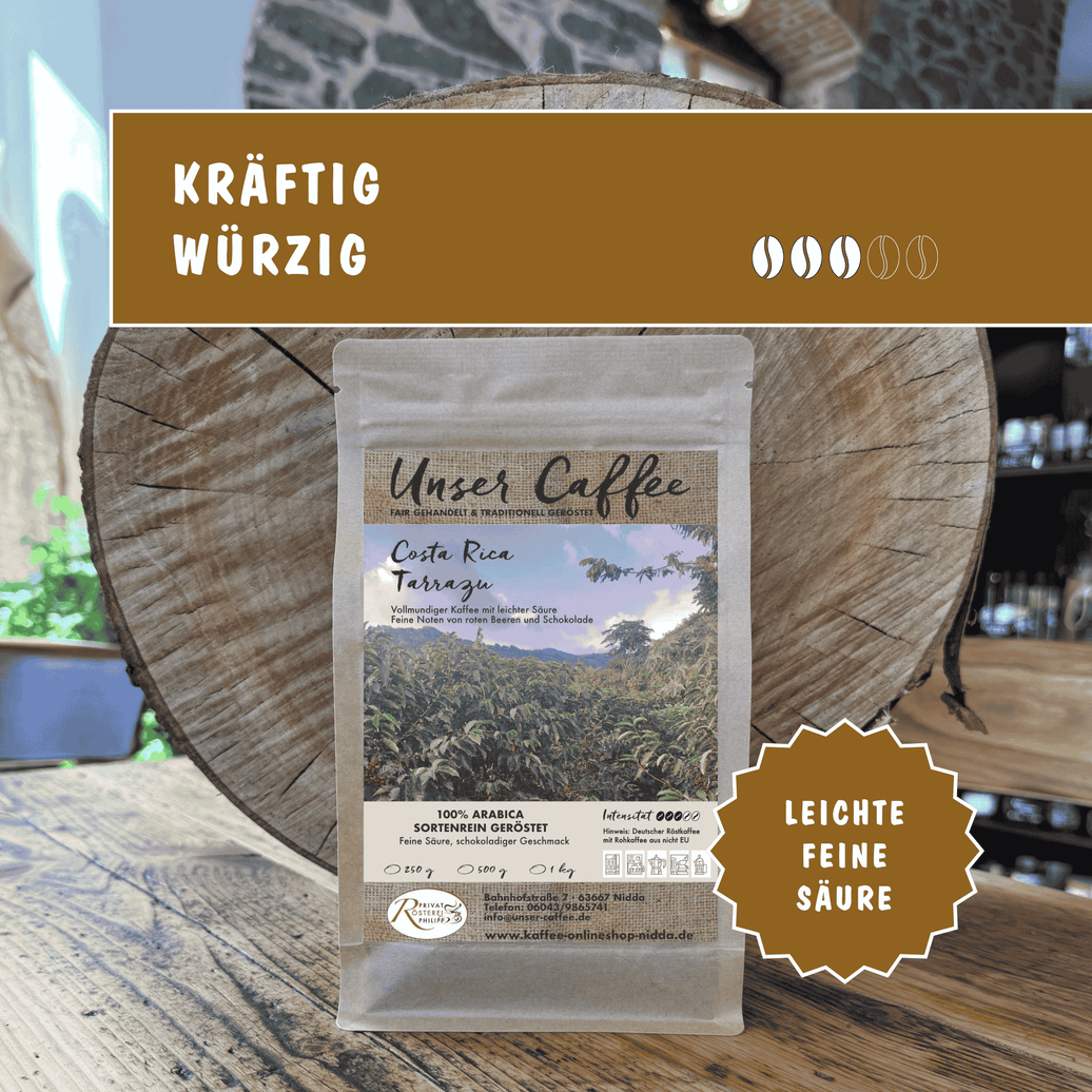 Kaffee aus Costa Rica Tarrazu – aromatische Geschmackssäure mit roten Beeren und Schokolade.
100 % Arabica-Sortenrein.