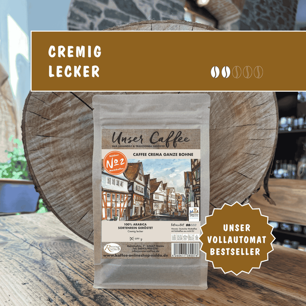 Unser Bestseller! Caffee Crema aus hochwertigen Arabica-Bohnen –
harmonisch, ausgewogen und vielseitig. 100 % Arabica.