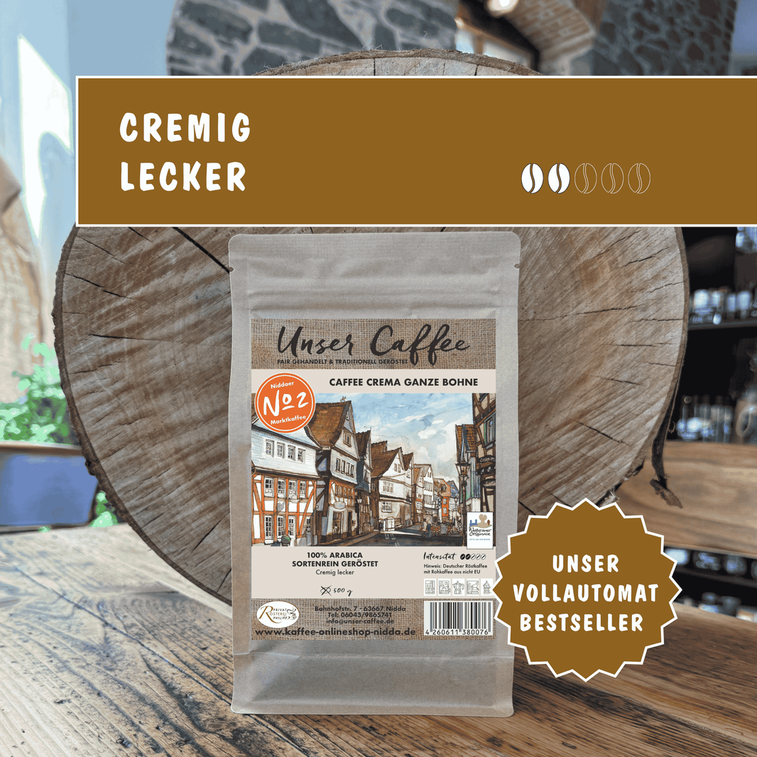 Unser Bestseller! Caffee Crema aus hochwertigen Arabica-Bohnen –
harmonisch, ausgewogen und vielseitig. 100 % Arabica.