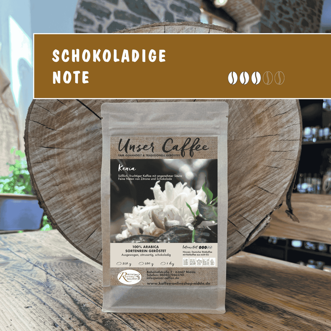 Kaffee aus Kenia – süßlich-fruchtig mit Zitrone und Schokolade.
Aus den Hochlandregionen. 100 % Arabica-Sortenrein.