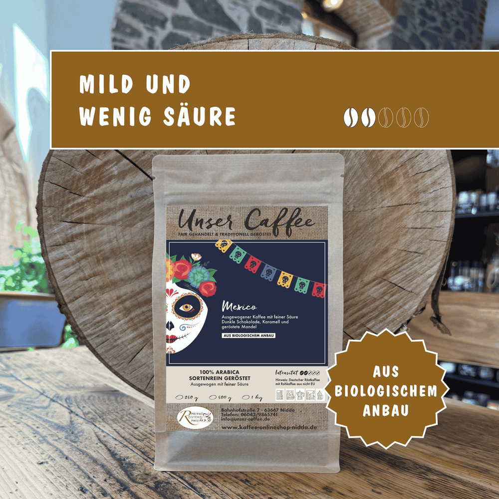 Kaffee aus Mexico Bioanbau. Ausgewogen mit feiner Säure, dunkler Schokolade, Karamell und gerösteten Mandeln. 100 % Arabica-Sortenrein.