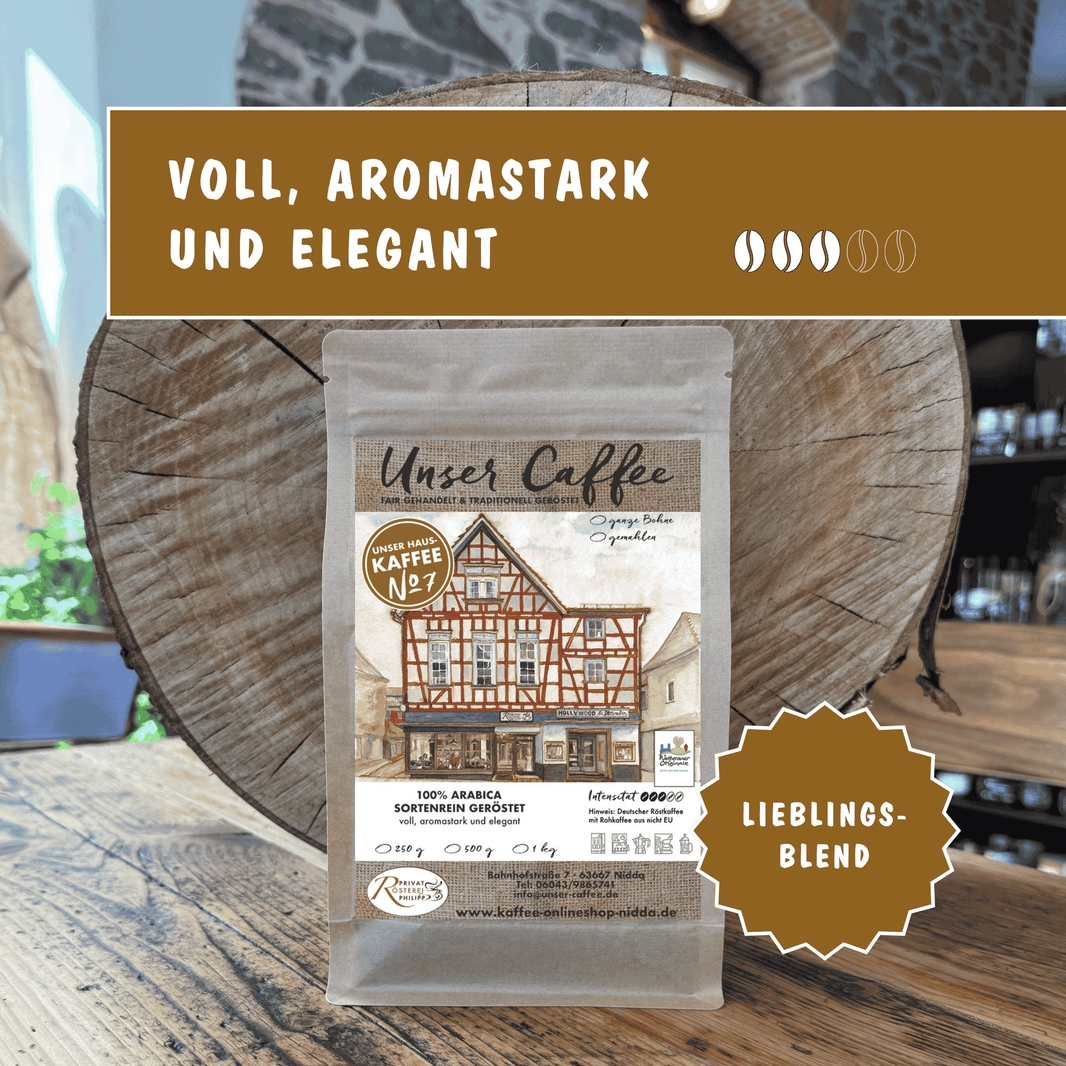 Kaffee No7 Hauskaffee – unser Klassiker mit vollem Geschmack und intensivem Aroma.
100 % Arabica aus den besten Anbaugebieten.