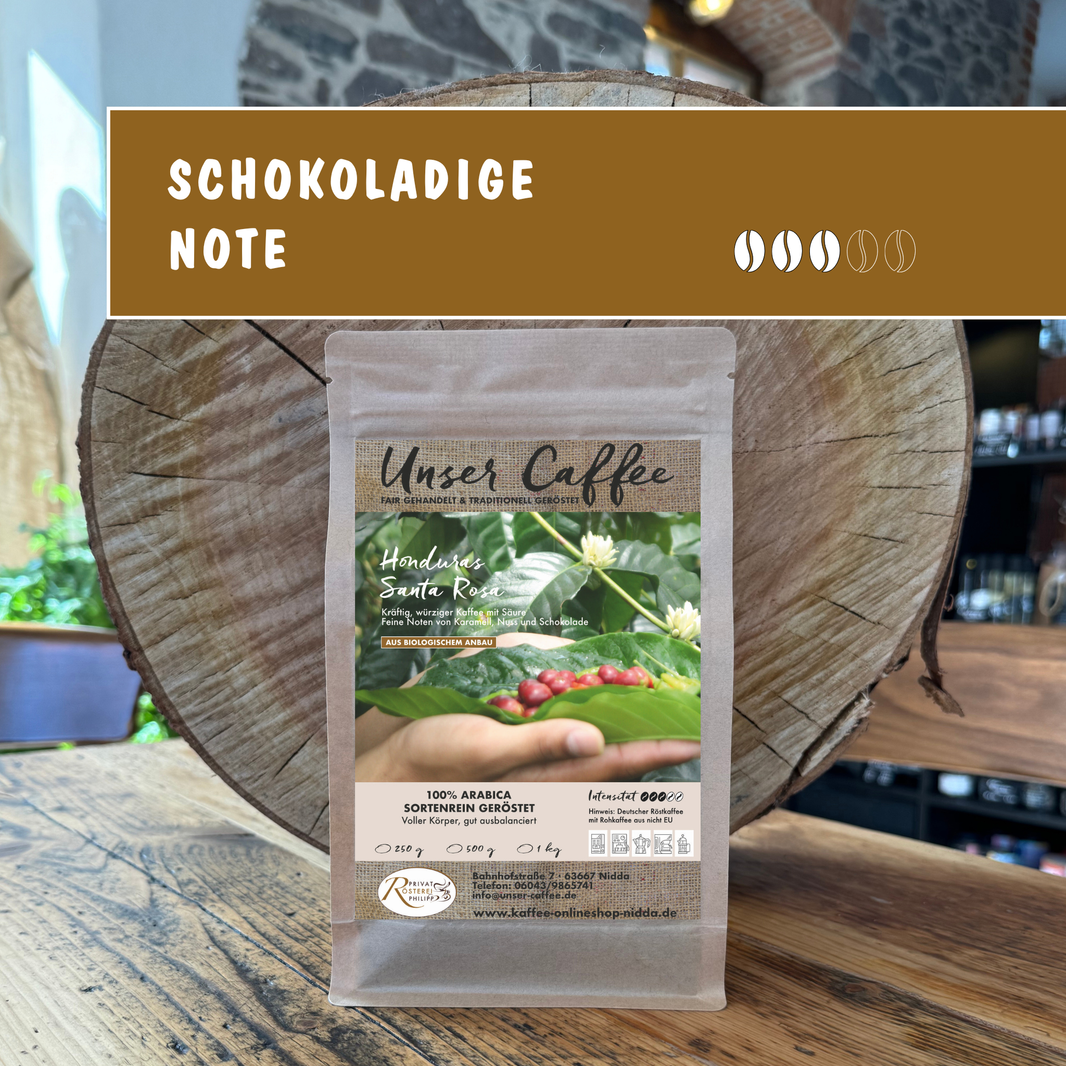 Kaffee aus Honduras Santa Rosa aus Bioanbau – Rohkaffee bio- und fairtrade-zertifiziert.&nbsp;
Karamell, Schokolade und Nuss im Abgang.
100 % Arabica-Sortenrein.