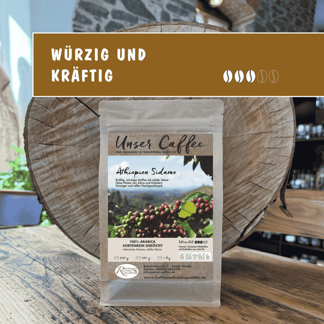 Kaffee aus Äthiopien Sidamo – die Wiege des Kaffees.
Kräftig-würzig mit Zitrus- und Kräuternoten. 100 % Arabica-Sortenrein.