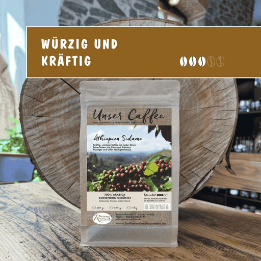 Kaffee aus Äthiopien Sidamo – die Wiege des Kaffees.
Kräftig-würzig mit Zitrus- und Kräuternoten. 100 % Arabica-Sortenrein.