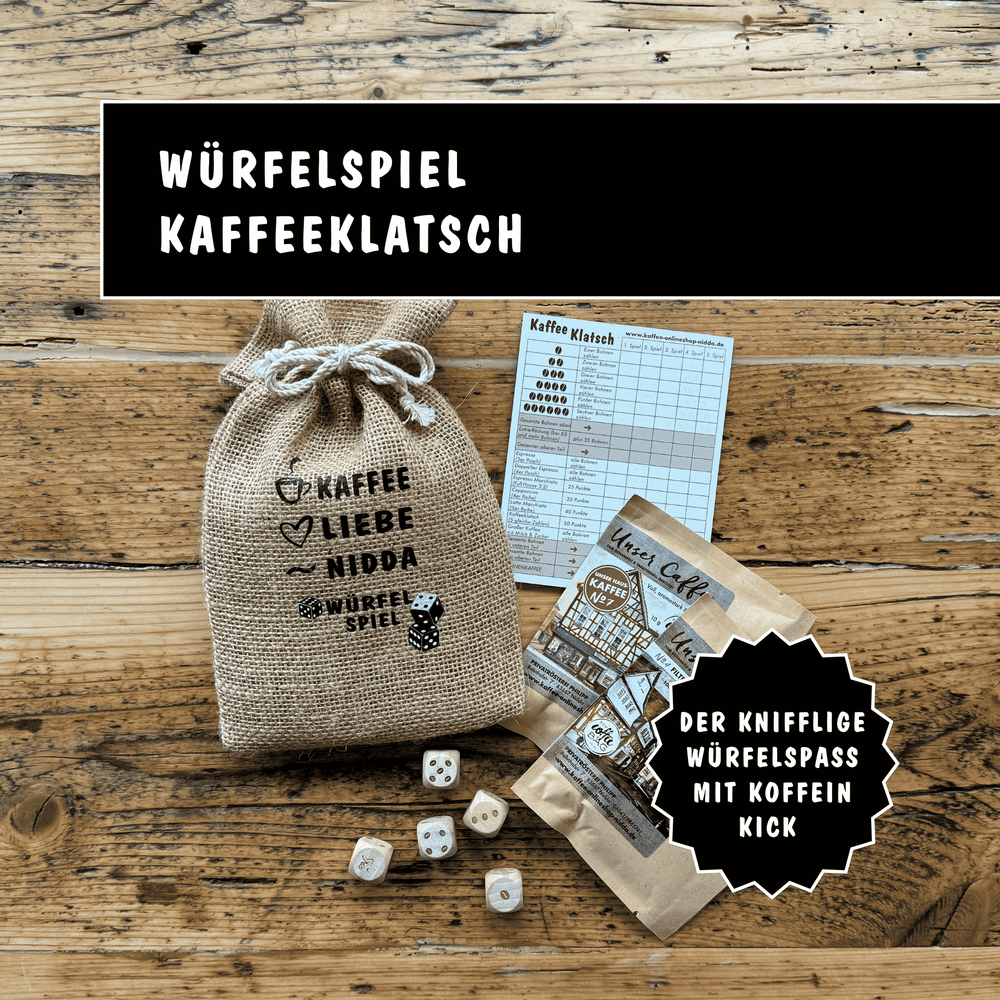 Spiel Kaffeeklatsch - Privatrösterei Philipp - Säckchen mit Block 5 Würfeln und 2 Coffeebags - Spiel Kaffeeklatsch Würfelspiel mit Jutesäckchen, Notizblock und Kaffeebohnen, handwerklich, Premium Geschenk