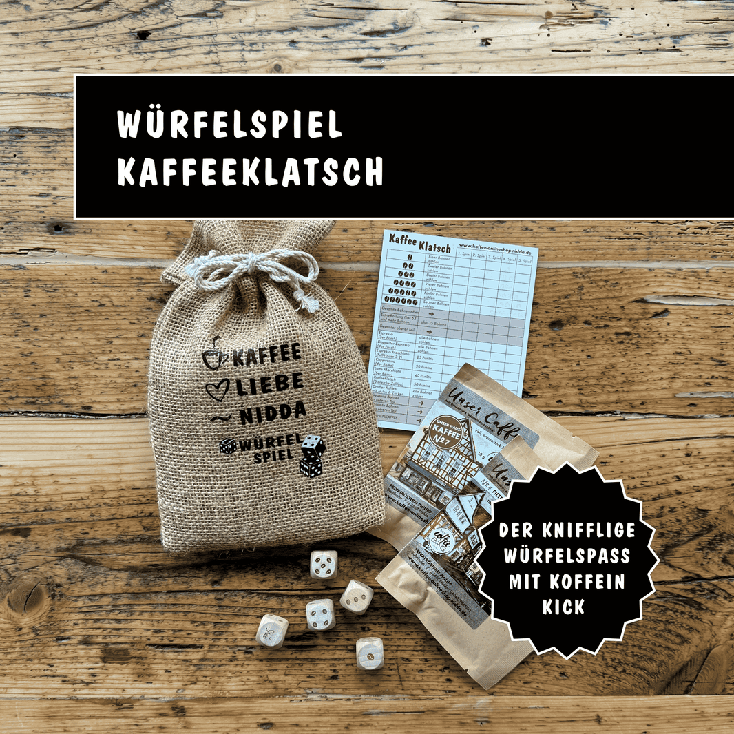 Spiel Kaffeeklatsch - Privatrösterei Philipp - Säckchen mit Block 5 Würfeln und 2 Coffeebags - Spiel Kaffeeklatsch Würfelspiel mit Jutesäckchen, Notizblock und Kaffeebohnen, handwerklich, Premium Geschenk