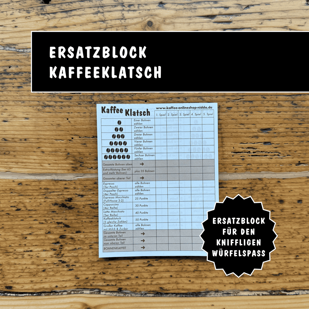 image Spiel Kaffeeklatsch - Privatrösterei Philipp - Ersatzblock für Spiel Kaffeeklatsch mit Kaffee-Bohnen Design, Handwerk und Rösterei Geschenk aus Deutschland.