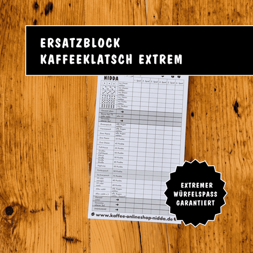 Spiel Kaffeeklatsch - Privatrösterei Philipp - Ersatzblock Spiel Kaffeeklatsch Extrem mit handwerklichem Design auf Holz, Premium Geschenk aus Deutschland, Rösterei-Thema.
