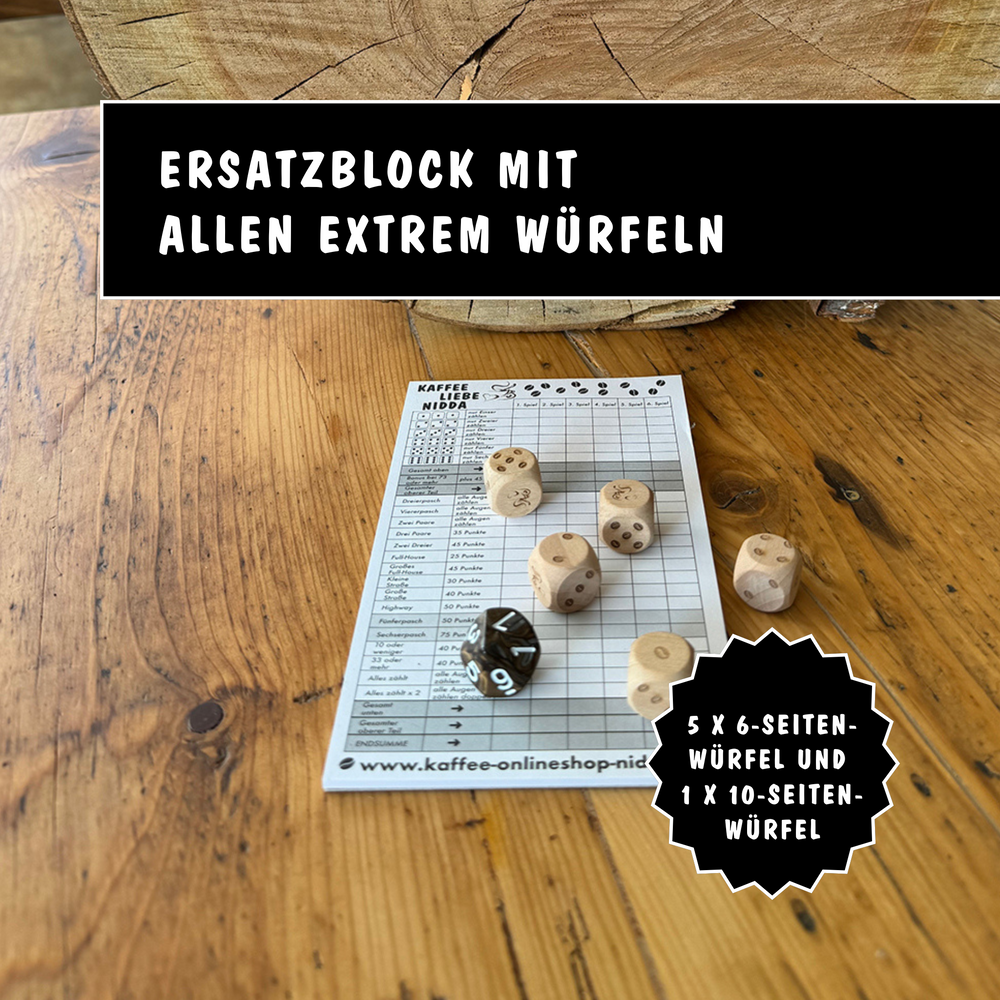 Spiel Kaffeeklatsch - Privatrösterei Philipp -  Ersatzblock Spiel Kaffeeklatsch mit handgefertigten Würfeln aus Holz plzs 10-Seiten-Würfel, Kaffee-Motiv, Premium Qualität, Handwerk aus.