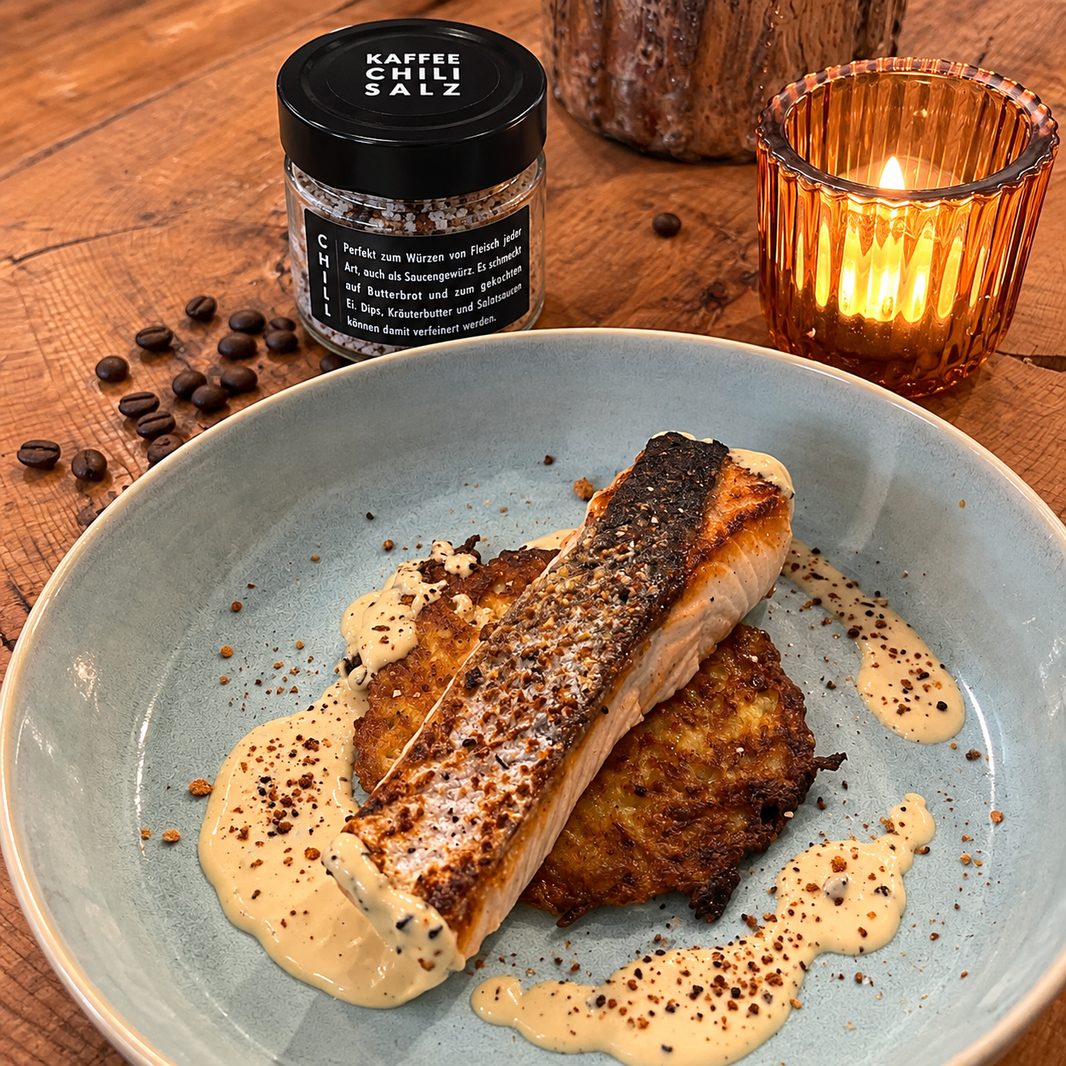 image Gebratener Fisch mit Kaffee Chili Salz und cremiger Sauce auf einem Teller