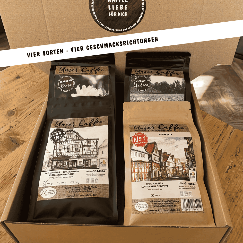 Espresso Probierpaket der Privatrösterei Philipp mit verschiedenen Espressopackungen in einer Geschenkbox