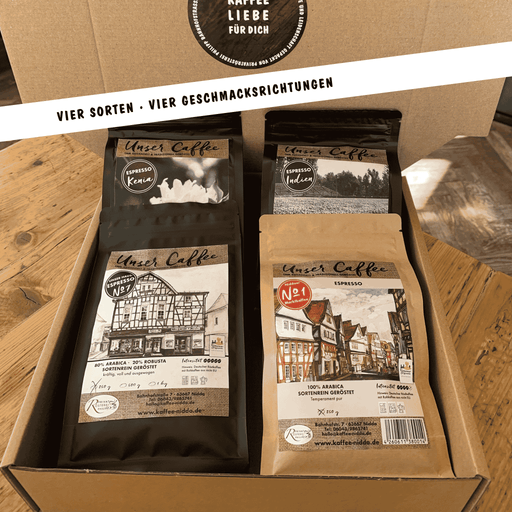 Espresso Probierpaket der Privatrösterei Philipp mit verschiedenen Espressopackungen in einer Geschenkbox