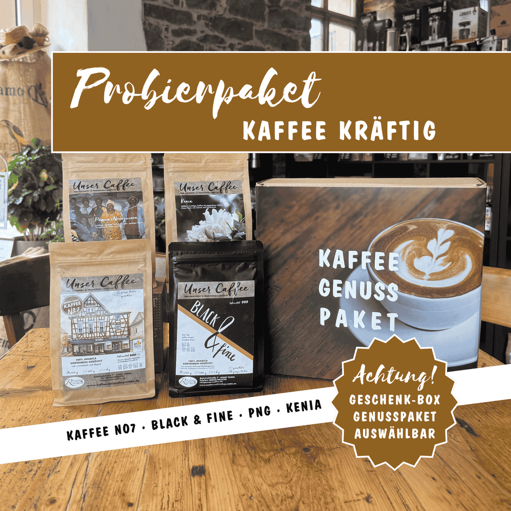 Probierpaket_Kaffee_Kraeftig mit Kaffee No7 Hauskaffee, Black and fine, Papua Neuguinea und Kenia